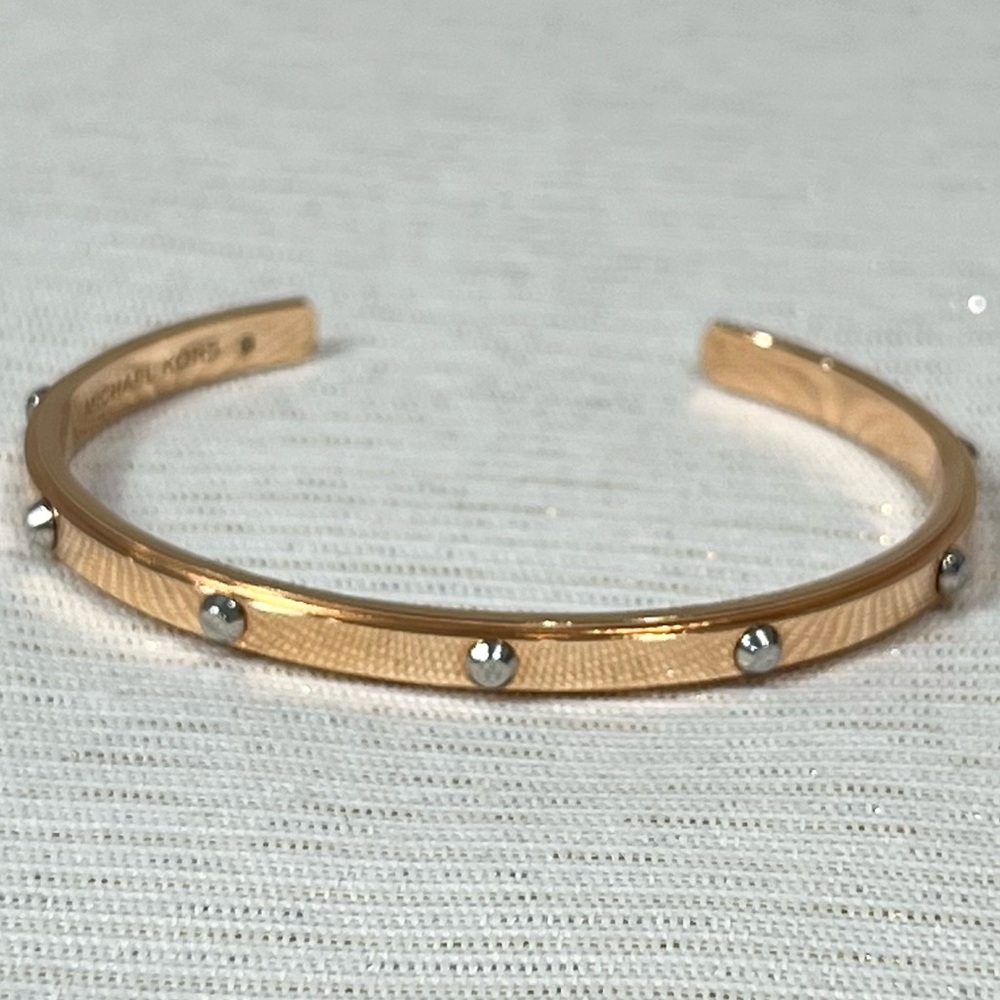 New Michael Kors Astor Rose Gold Tone & Silver Tone Studded Open Cuff Bracelet